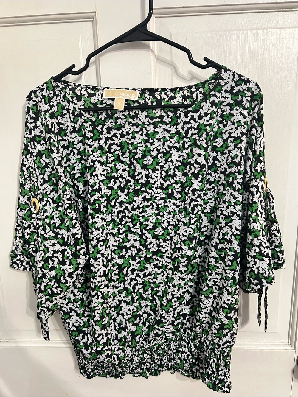 Michael Kors Black Floral Tie-Sleeve Blouse with Green & White Print